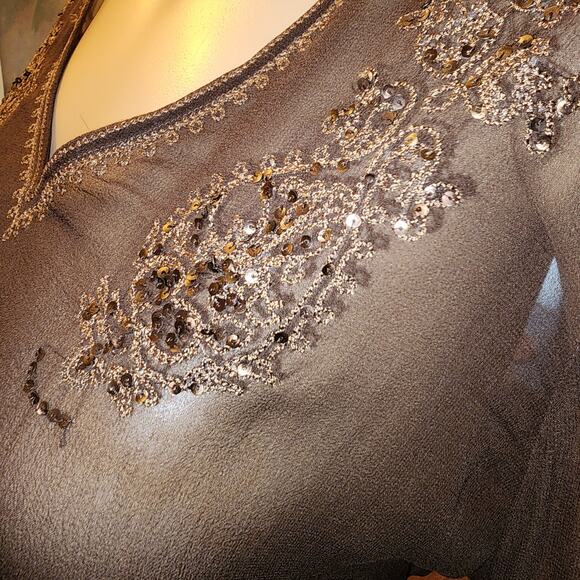 NWT Sunny Leigh Sz L 100% Silk Babydoll Brown Y2K Embroidered Sheer Fairy Top - Picture 4 of 6